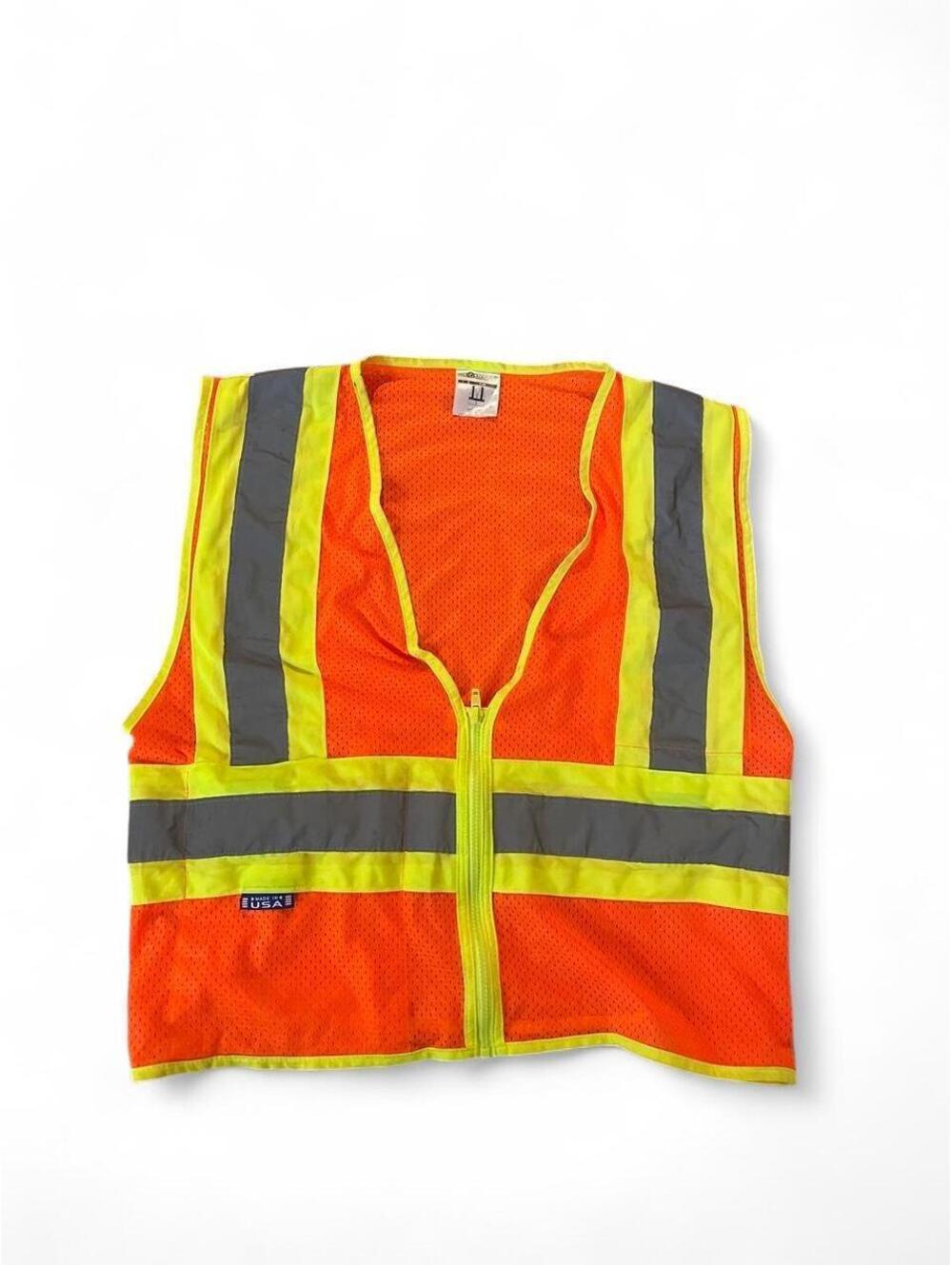 Orange Kishigo safety vest with yellow and gray reflective stripes, size L